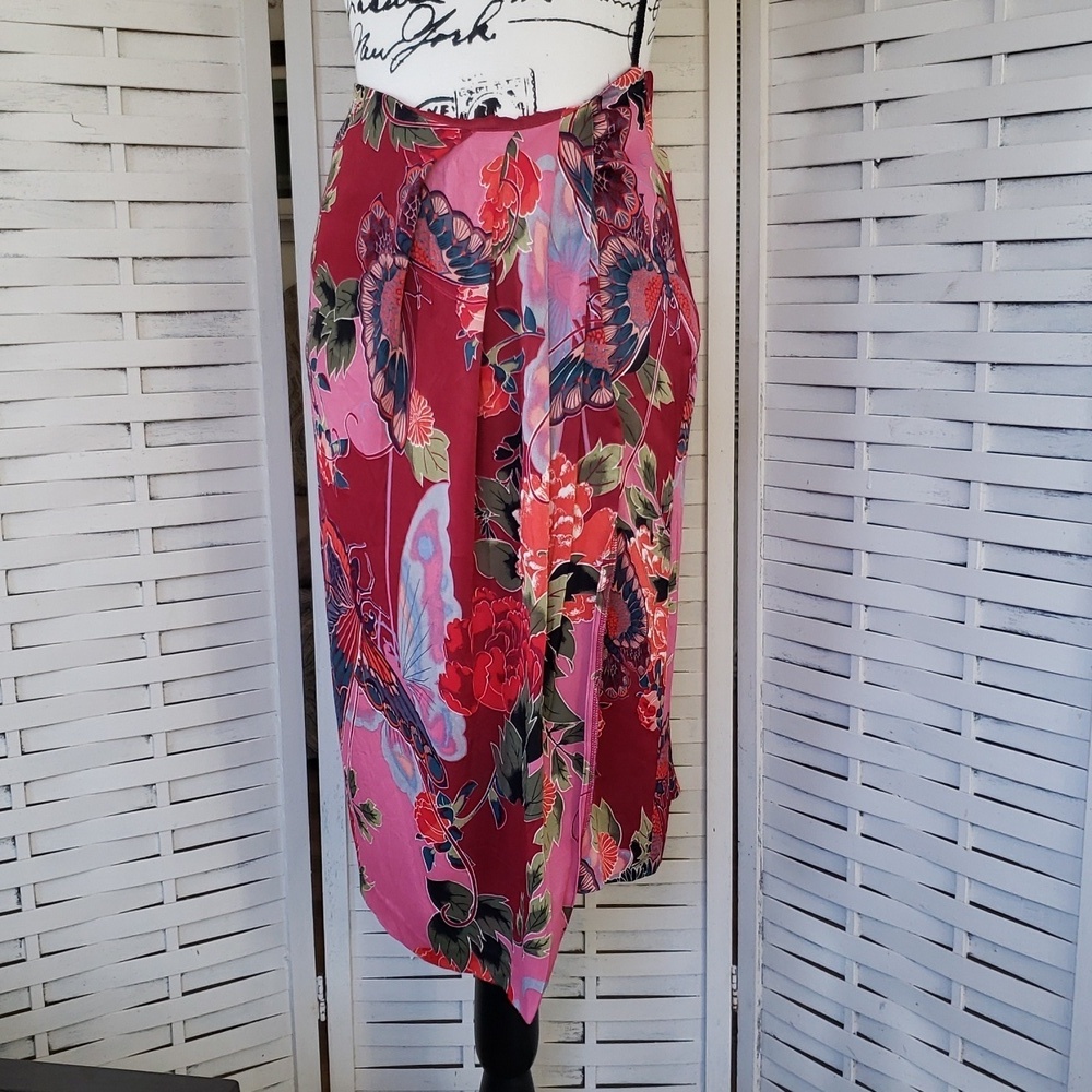 Anthropologie Floral Wrap Skirt with Red and Pink Accents